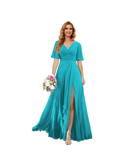 A Line/Princess  V Neck Short Sleeve Floor Length  Bridesmaid Dresses Chiffon with Slit