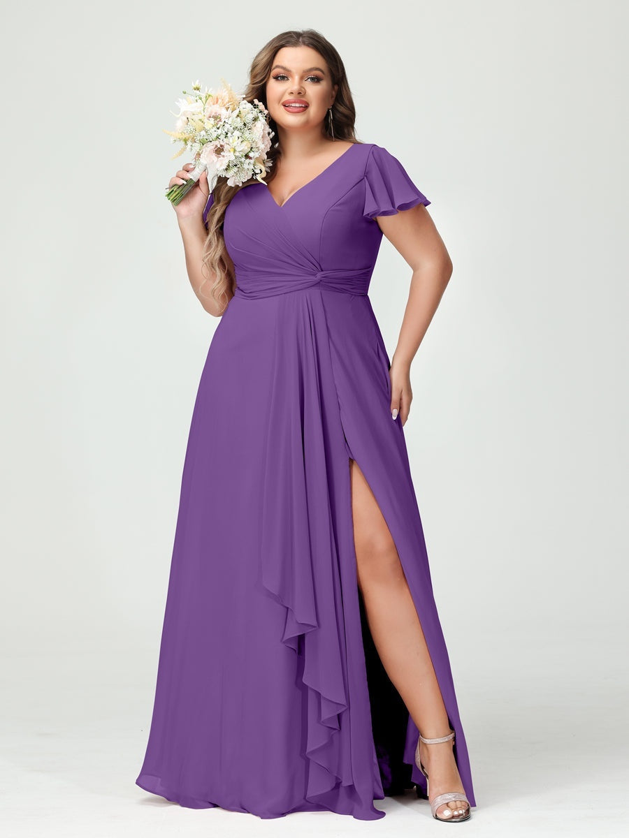 A-Line/Princess V-Neck Short Sleeves Chiffon Ruffles Split Side Plus Size Bridesmaid Dresses with Pockets