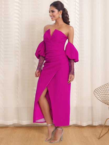 Sheath/Column Strapless Half Sleeves Ruched Evening Dresses with Split Side & Sequins