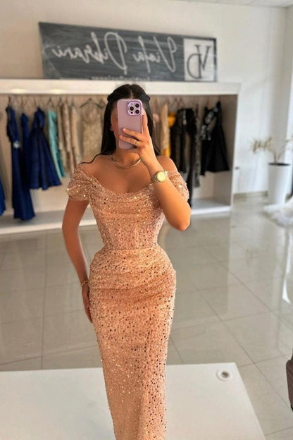 edgynewlook Glamorous Sequins Off the Shoulder Strapless Long Prom Dress with Pleated