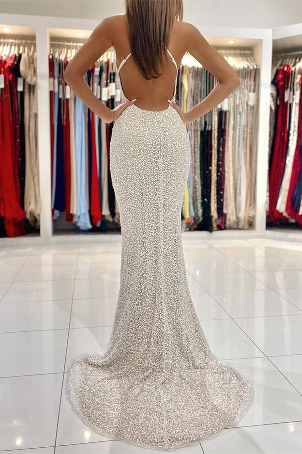 Spaghetti-Straps Sequins Mermaid Strapless Prom Dress With Open Back ED0045