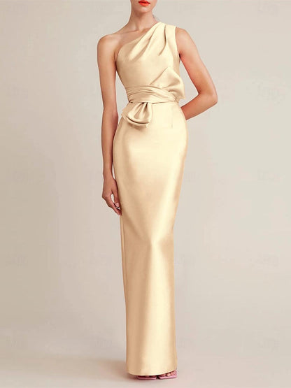 Sheath/Column  Floor Length Sleeveless One Shoulder Wedding Guest Dresses Satin with Bow(s) Pocket