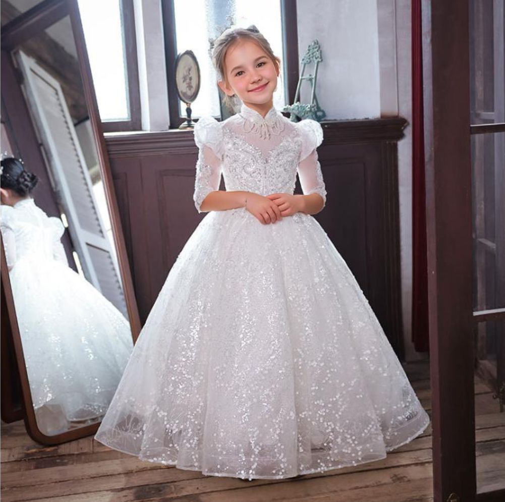 A-Line/Princess 3/4 Sleeves Flower Girl Lace Party Dress with Rhinestone Appliques