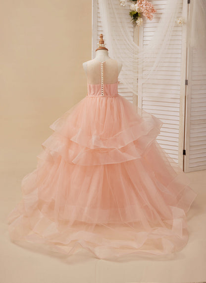 Ball-Gown/Princess Tulle Sweep Train Pink Flower Girl Dress