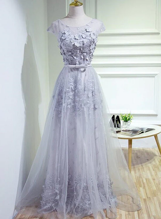 Grey A-Line Tulle Long Prom Dress, Party Dress Grey Bridesmaid Dress gh427