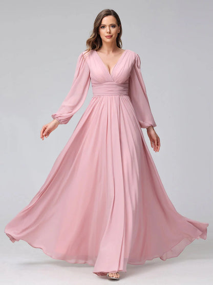 A-Line/Princess V-Neck Long Sleeves Floor-Length Bridemaid Dresses With Split Side & Pockets