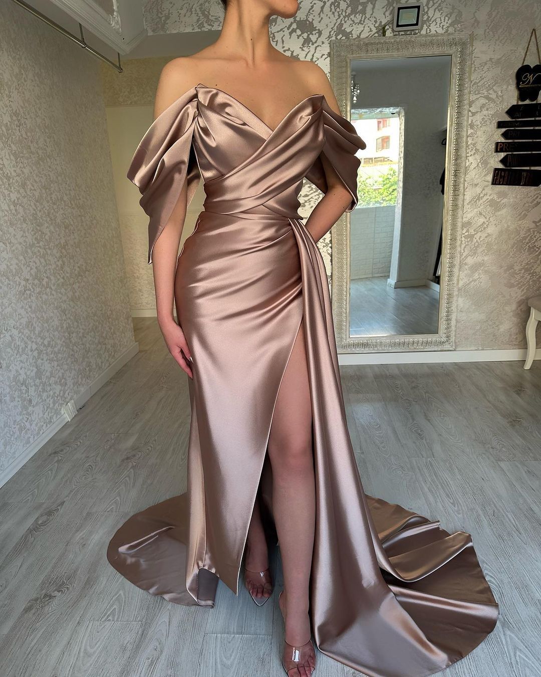 Dusty Pink Prom Dress Off The Shoulder V Neck Split Pleated YH0027