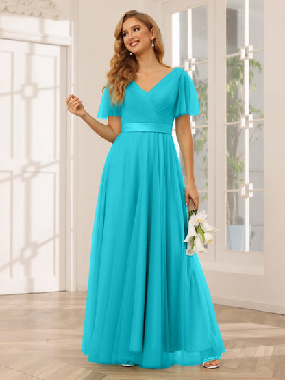 A-Line/Princess V-Neck Short Sleeves Floor-Length Long Bridesmaid Dresses with Lace