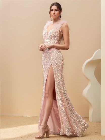 Sheath/Column V-Neck Sleeveless Floor-Length Prom Evening Dresses With Sequins & Feather