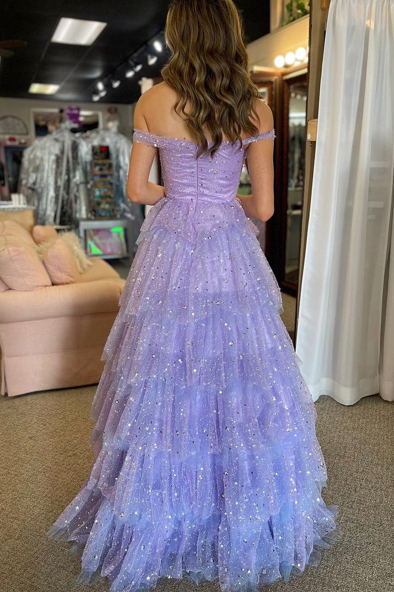 Acadia | A-Line Off the Shoulder Ruffle Tiered Tulle Long Prom Dress