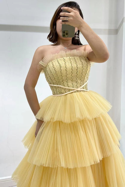 Daffodil Strapless Sleeveless Tulle Prom Dress With layered ED0385