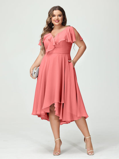 A-Line/Princess V-Neck Short Sleeves Chiffon High-Low Plus Size Bridesmaid Dresses with Pockets & Ruffles