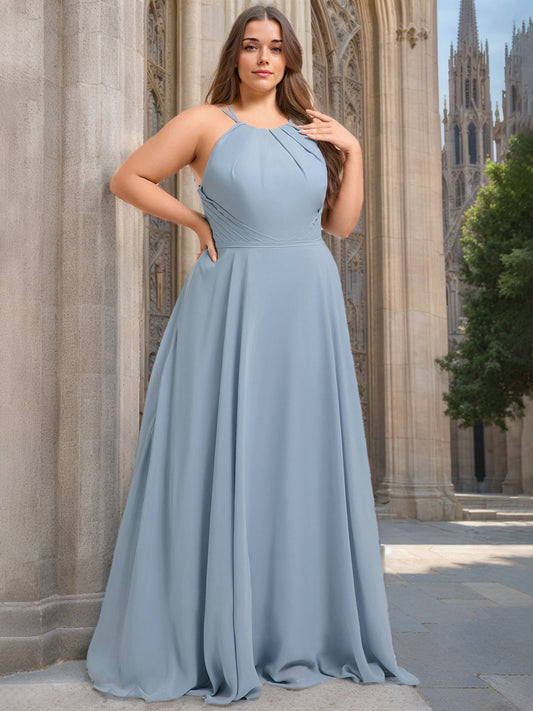 A-Line/Princess Halter Sleeveless Floor-Length Chiffon Plus Size Bridesmaid Dresses