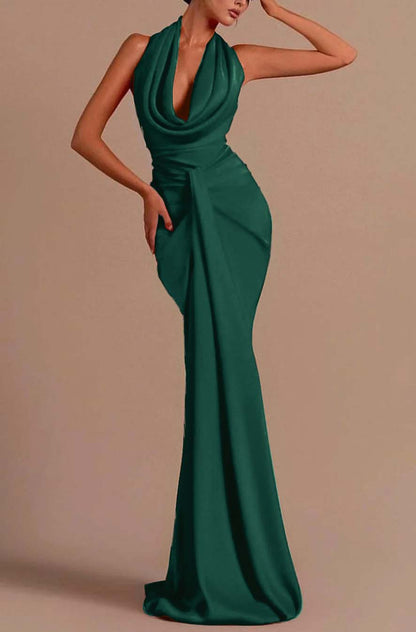 Prom Dress Long Mermaid Red Sleeveless Halter Open Back YL0310