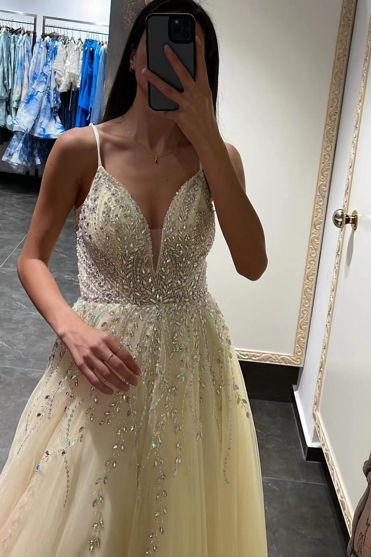 Daffodil Spaghetti-Straps Tulle Prom Dress A Line With Beadings ED0141