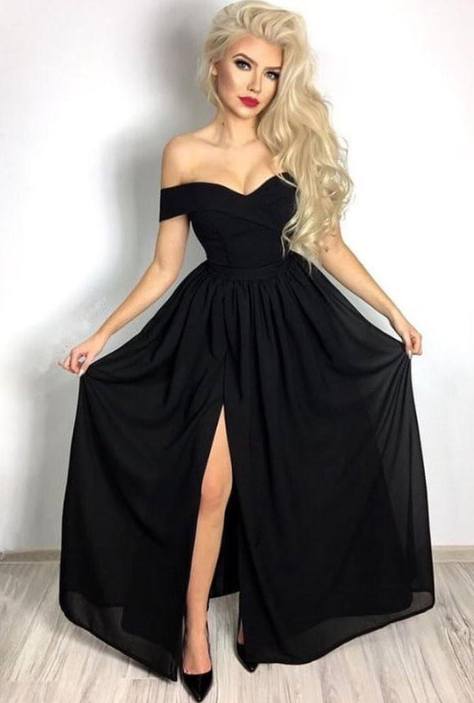 Off-the-Shoulder Black Prom Dress PD070