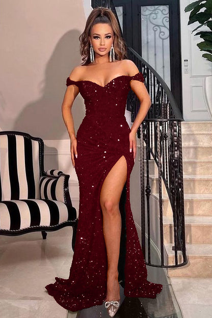 Red Off-The-Shoulder Sweetheart Sequins Mermaid Prom Dress With Split PD0908