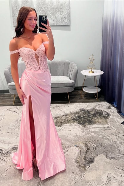 edgynewlook Pink Off-the-Shoulder Long Mermaid Prom Dress Slit