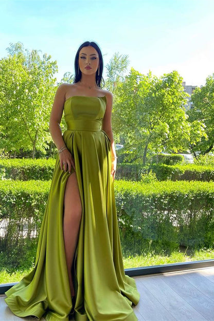 Elegant Green Strapless A-Line Prom Dress With Split PD0841