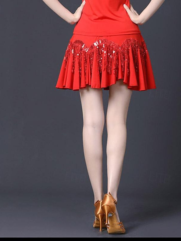 Women's Latin Dance Ballroom Dance Skirts Tassel Pure Color Splicing Women's Performance