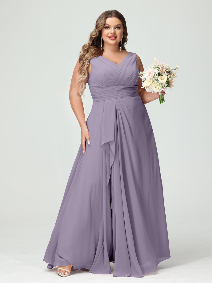 A-Line/Princess V-Neck Sleeveless Chiffon Ruffles Plus Size Bridesmaid Dresses with Pockets & Ruffles