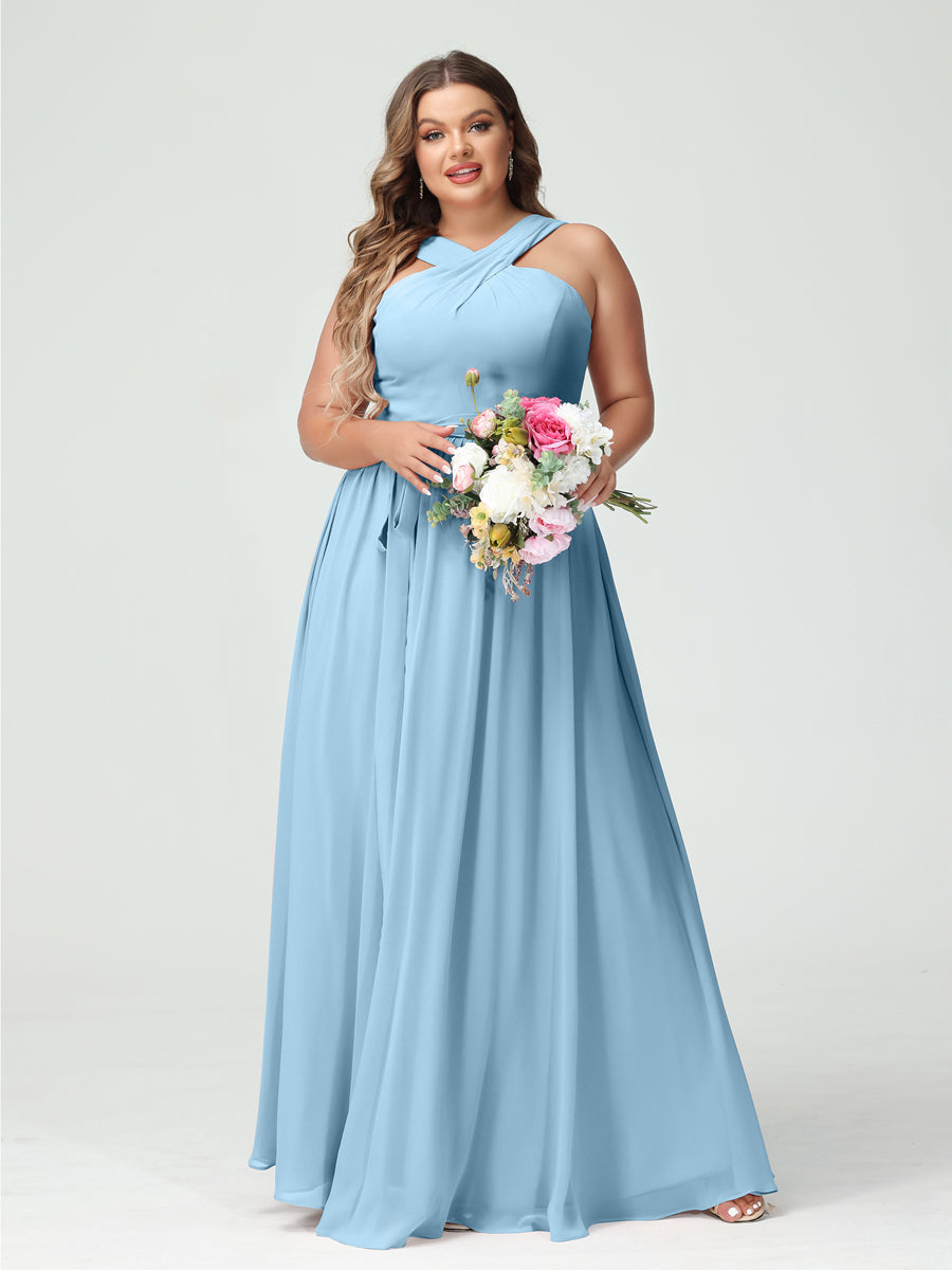 A-Line/Princess/Princess Criss Cross Sleeveless Chiffon Plus Size Bridesmaid Dresses with Sash