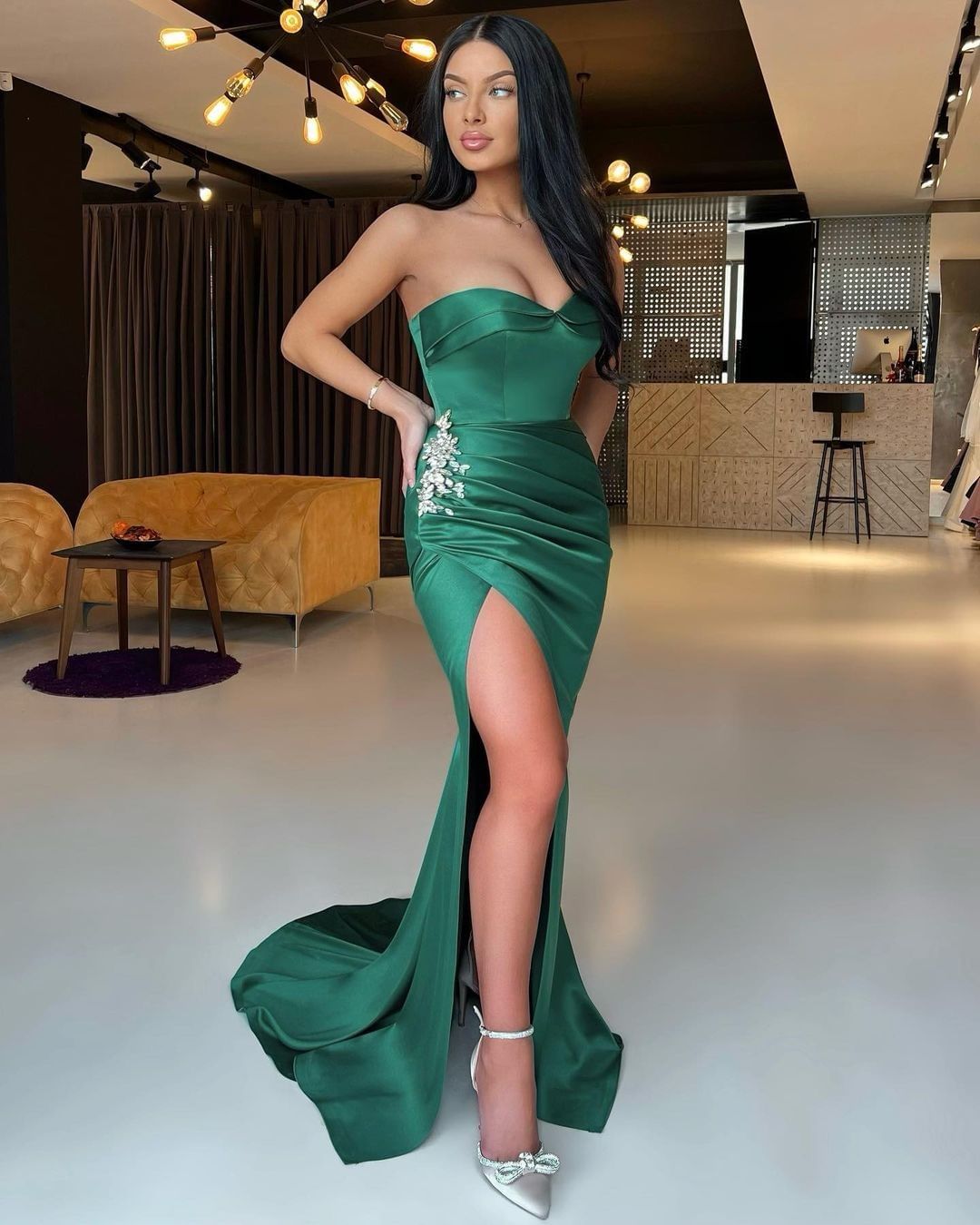 Emerald Green Sweetheart Sleeveless Mermaid Prom Dress Split With Rhinestones ED0064