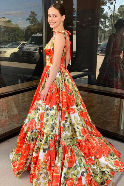 Adara | A-Line Floral Printed Satin Sweetheart Long Prom Dresses