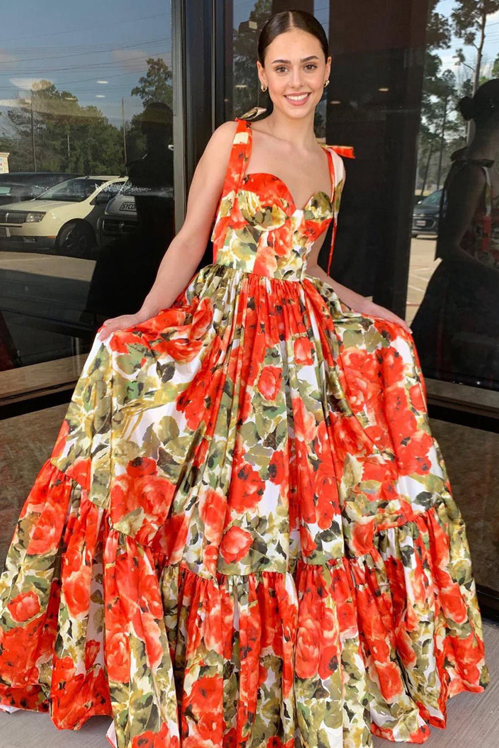 Adara | A-Line Floral Printed Satin Sweetheart Long Prom Dresses