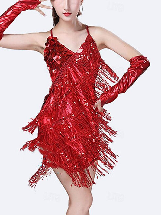 Sequins Tassel Latin Dance Dress for Women's Party Dresses  with Gloves