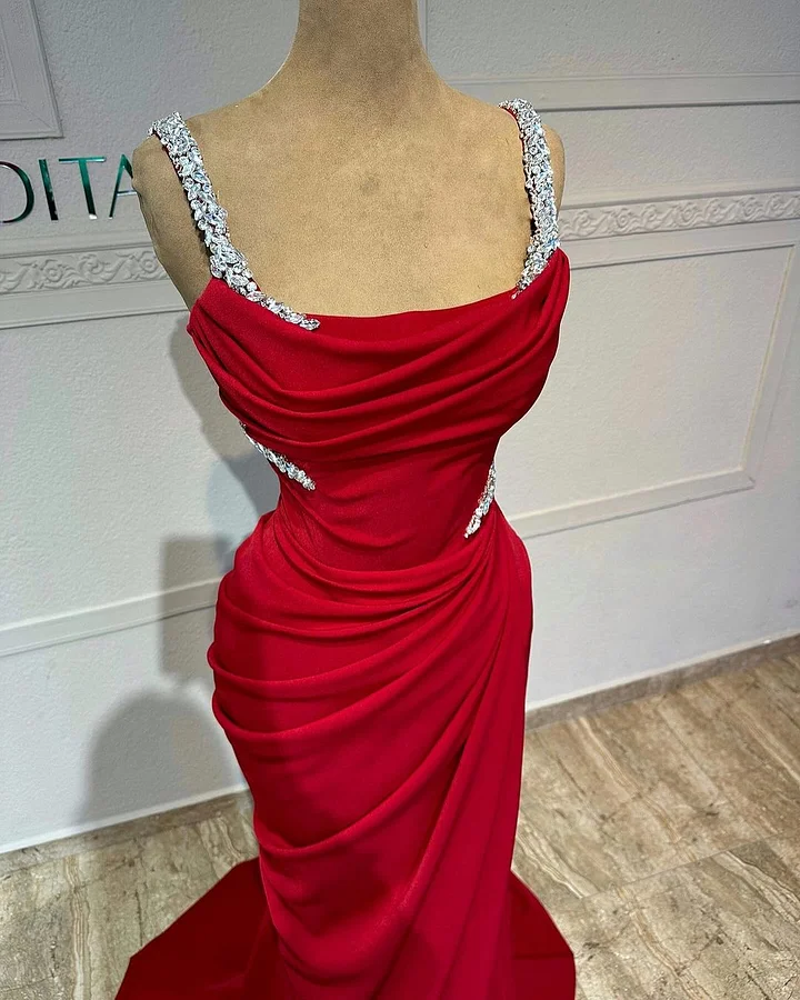 Fascinating Red Beaded Prom Dress With Pleated Split ZT0023