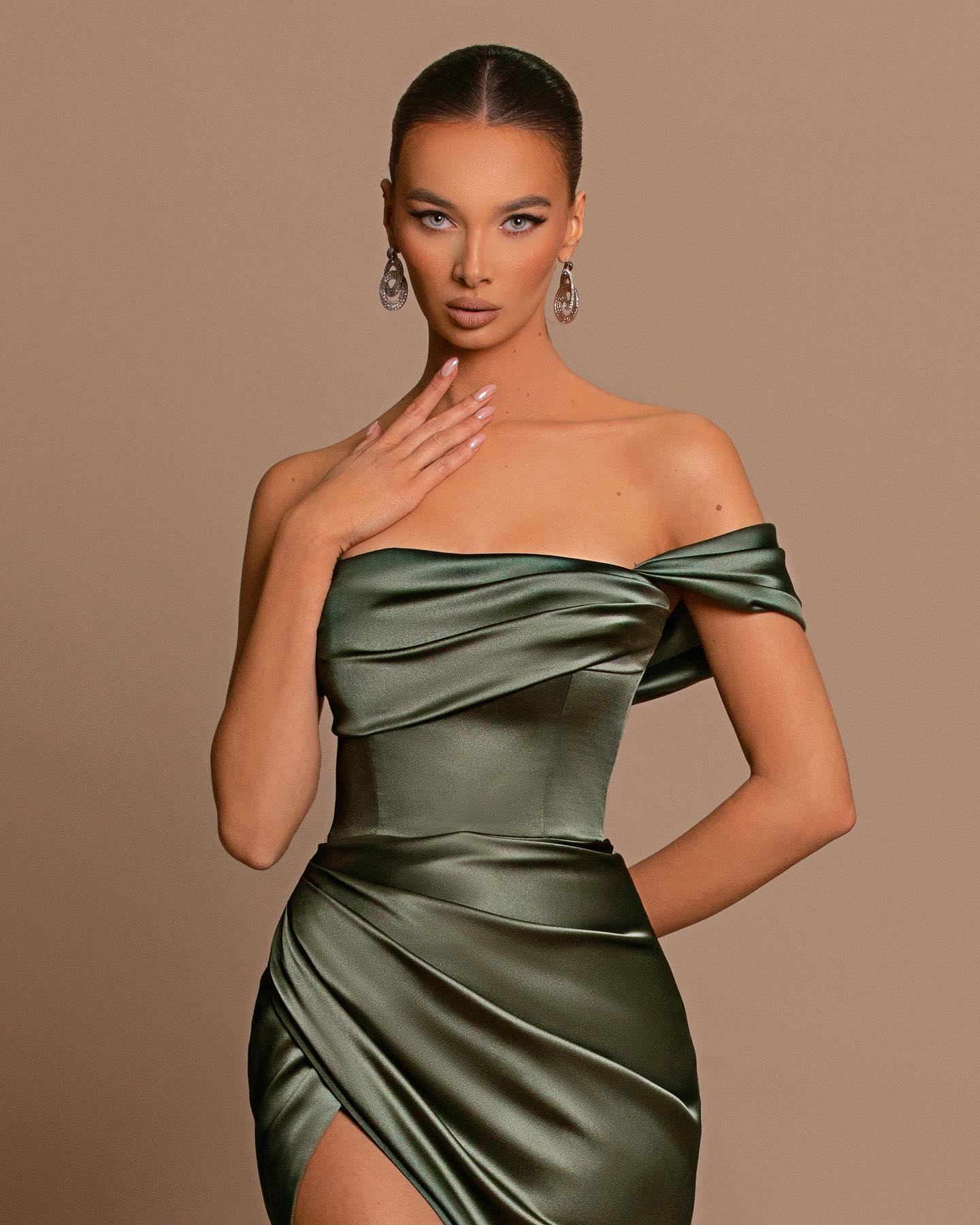 Off The Shoulder Charming Sage Green Prom Dress Sleeveless Slit Pleated