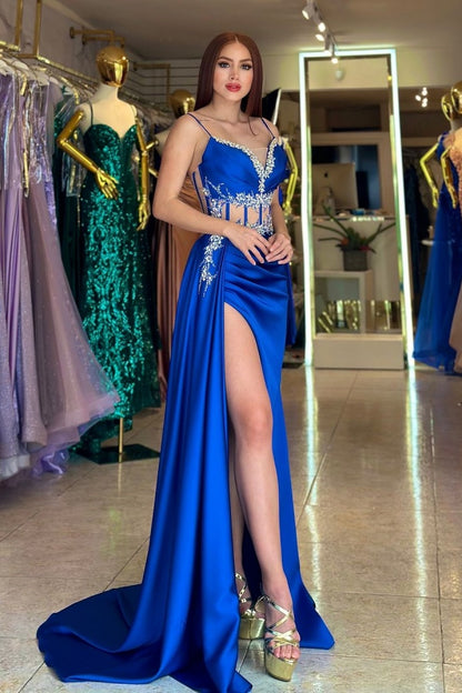 Beaded Split Royal Blue Spaghetti-Straps Prom Dress ZT0268