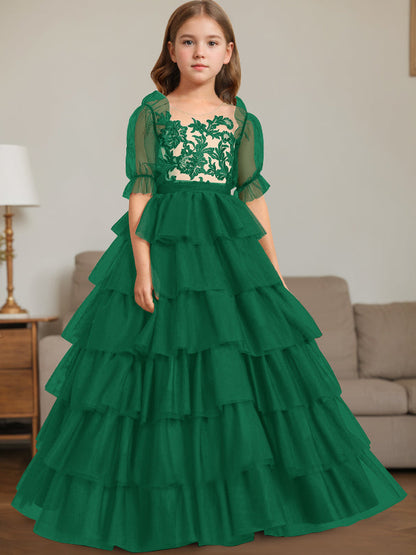 Ball-Gown Scoop Neck Sleeveless Floor-Length Flower Girl Dress with Lace