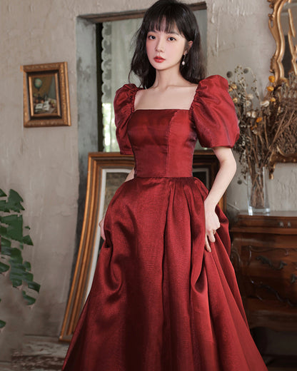 Burgundy satin long A line prom dress homecoming dress  8916