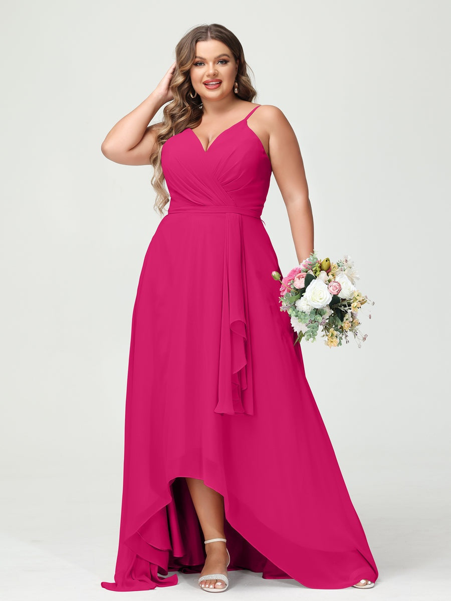 A-Line/Princess Spaghetti Straps Chiffon Ruffles Asymmetrical Plus Size Bridesmaid Dresses with Pockets