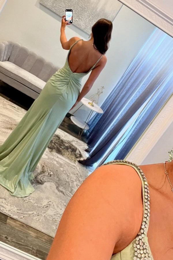 Light Green Split Beaded Spaghetti-Straps Prom Dress ZT0510