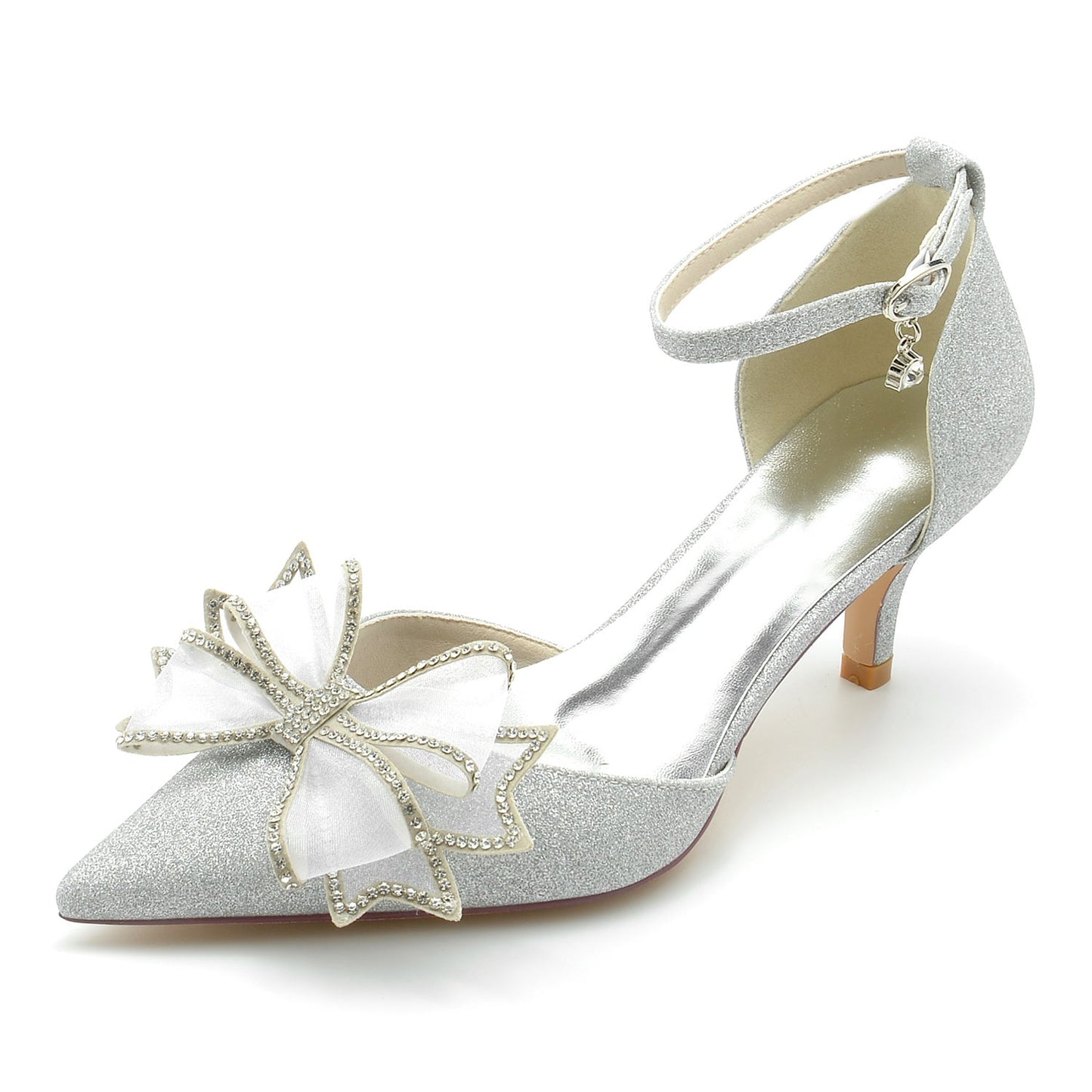 Women's Wedding Shoes Glitter Bow Mid Closed Toe Buckle Bridal Shoes