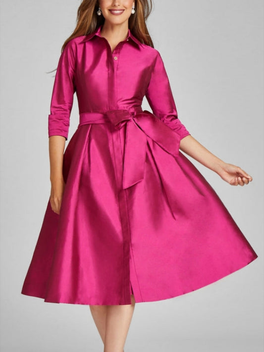 A-Line/Princess Shirt Collar 3/4 Length Sleeves Knee-Length Cocktail Dresses with Bow(s) & Slit