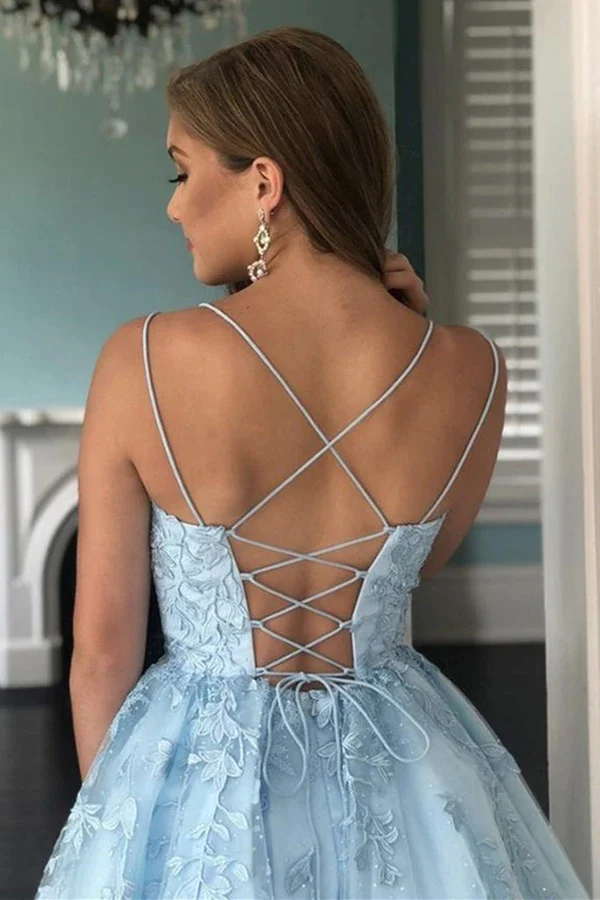 A Line Light Blue Tulle Homecoming Dress With Lace Appliques, Short Prom Dress gh1681