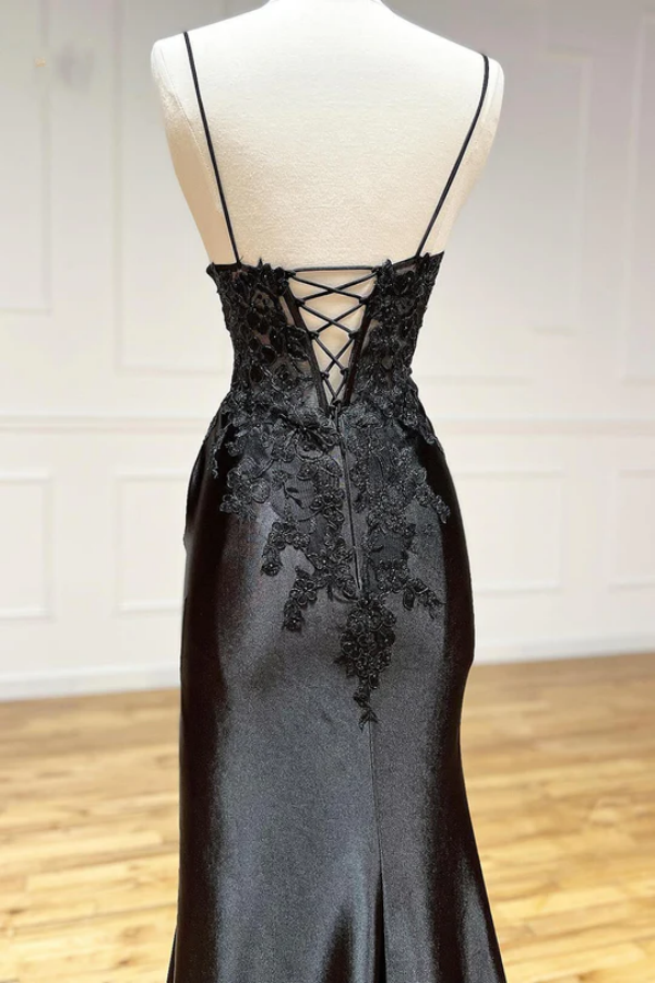 Black Lace Printed Prom Dress Long with High Slit YH0016