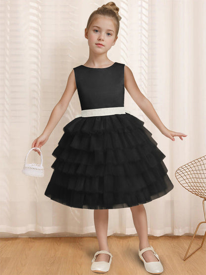 Ball-Gown Round Neck Sleeveless Knee-Length Flower Girl Dress with Ruffles & Bowknot