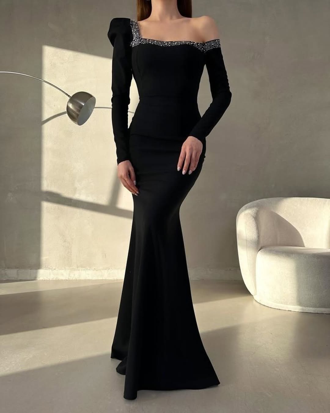 Black Slim Fit Mermaid One-Shoulder Long Sleeves Prom Dress ZT0307