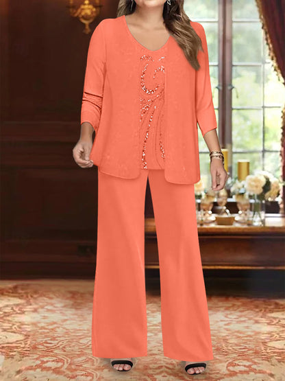 Chiffon V-Neck Floor-Length 3 Pieces Plus Size Mother of the Bride Pantsuits with Jacket & Sequins