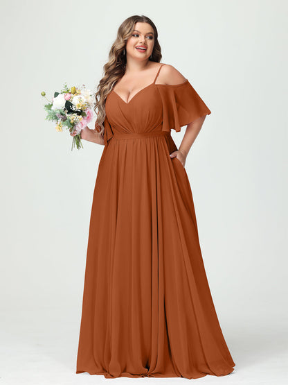 A-Line/Princess/Princess Spaghetti Straps Half Sleeves Chiffon Plus Size Bridesmaid Dresses with Pockets