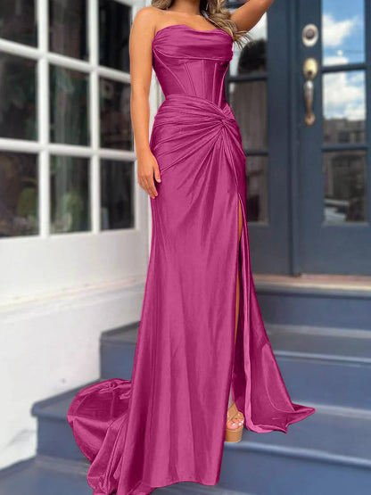 Sheath/Column Strapless Floor-length Long Dresses With Split Side