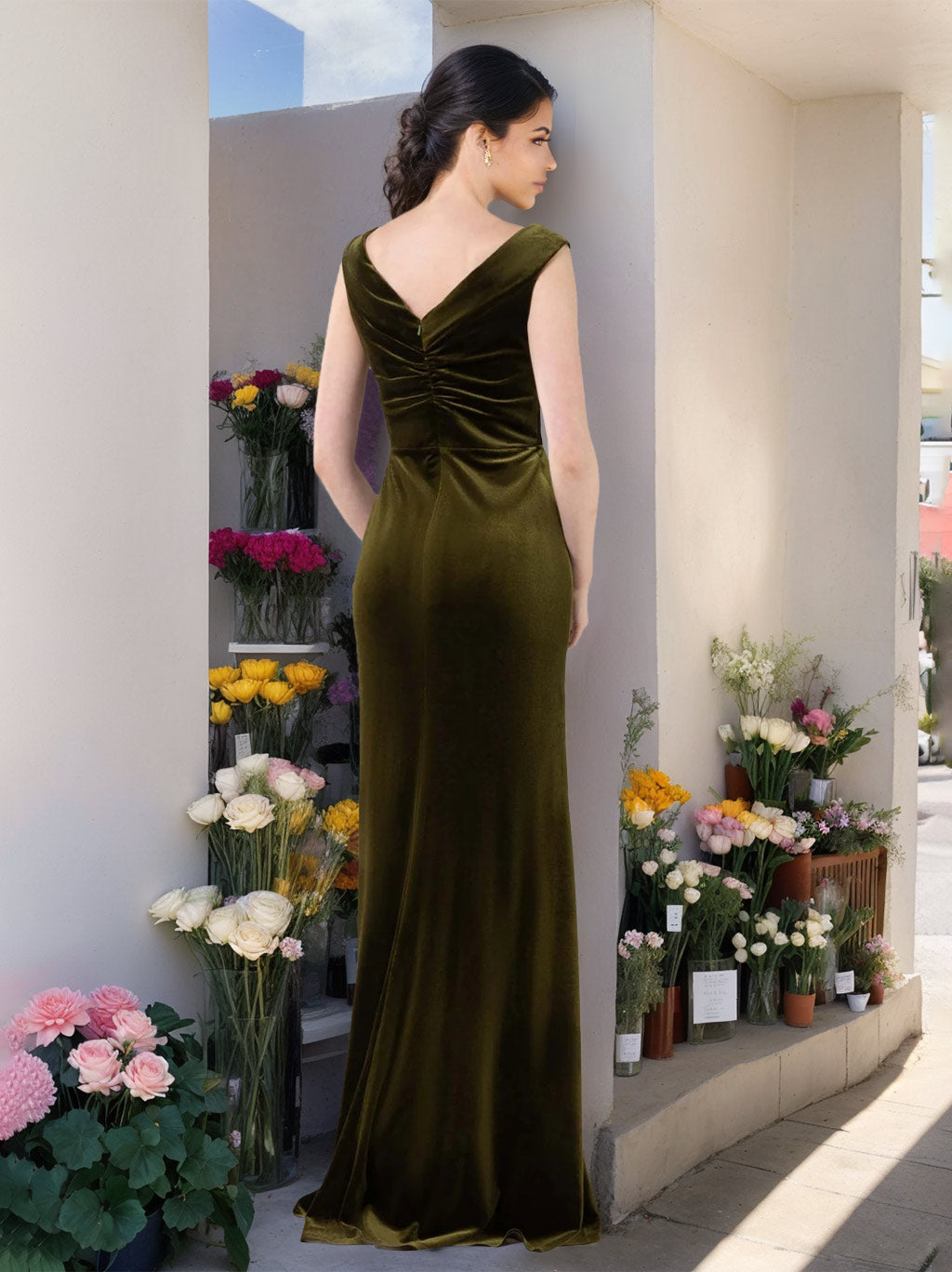 A Line/Princess V-Neck Sleeveless Floor-Length Velvet Unique Bridesmaid Dresses with Ruffles