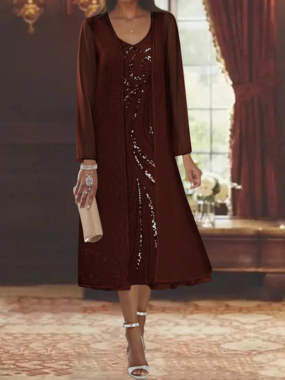 Sheath/Column V-Neck Long Sleeves Tea-Length Mother of the Bride Dresses with Jacket & Sequins