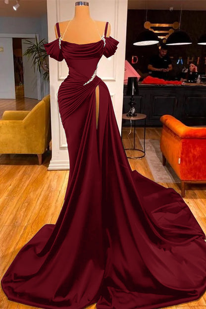 Dark Green Off-the-Shoulder Prom Dress Long Slit Pleated PD021