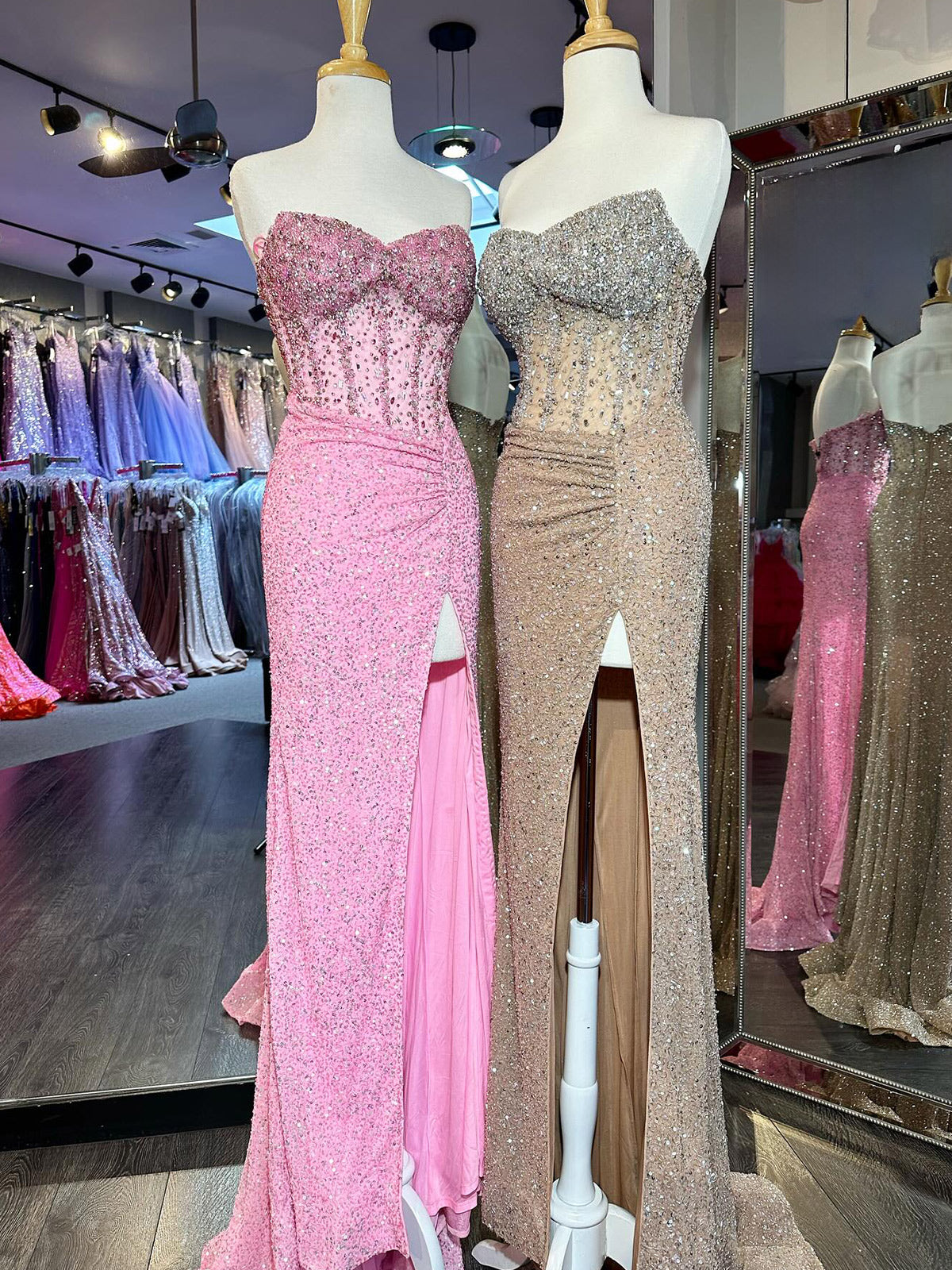 Aeliana | Pink Strapless Sequins Mermaid Long Prom Dress With Split